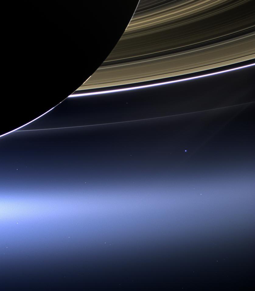 parkertwc's tweet image. Earth (the light blue dot at center right), from 898 million miles away, captured by the Cassini spacecraft on July 19, 2013 #EarthDay2024 🌎