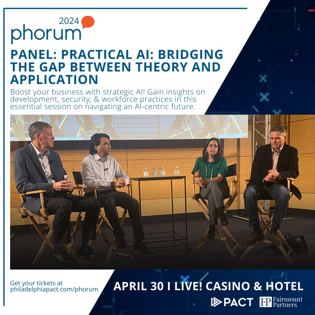 Tech execs, mark your calendars! Join us on 4/30 at @LiveCasinoPHL for a game-changing panel - 'Practical AI: Bridging the Gap Between Theory and Application.' 💡🤖 Elevate your strategies and shape the future of AI in your business! RSVP 🔗 bit.ly/3wtOmq0