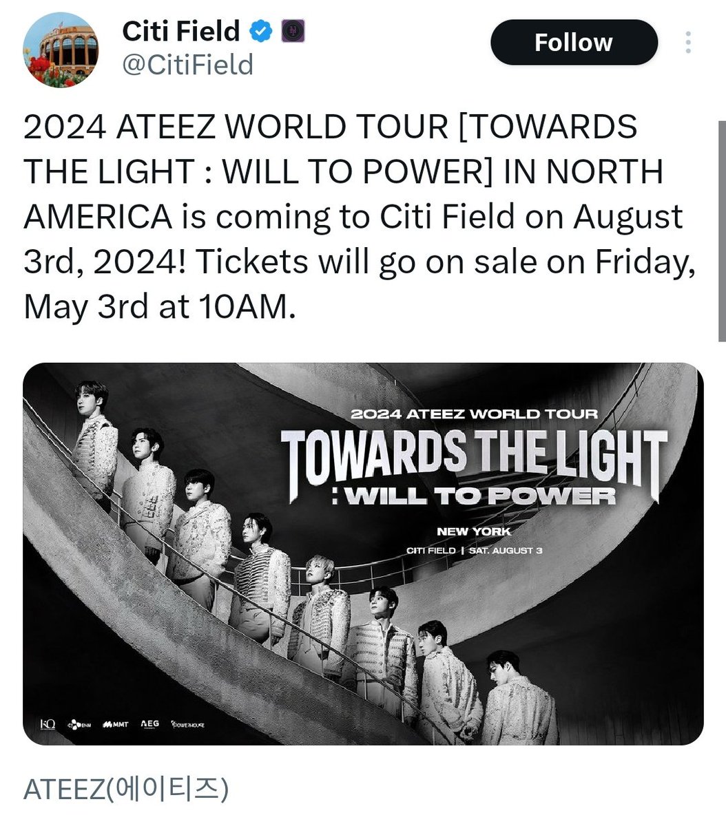 Ateez makes history as being the second kpop group and first 4th gen group to hold a concert at Citi Field, also the first kpop one since 2018🥺