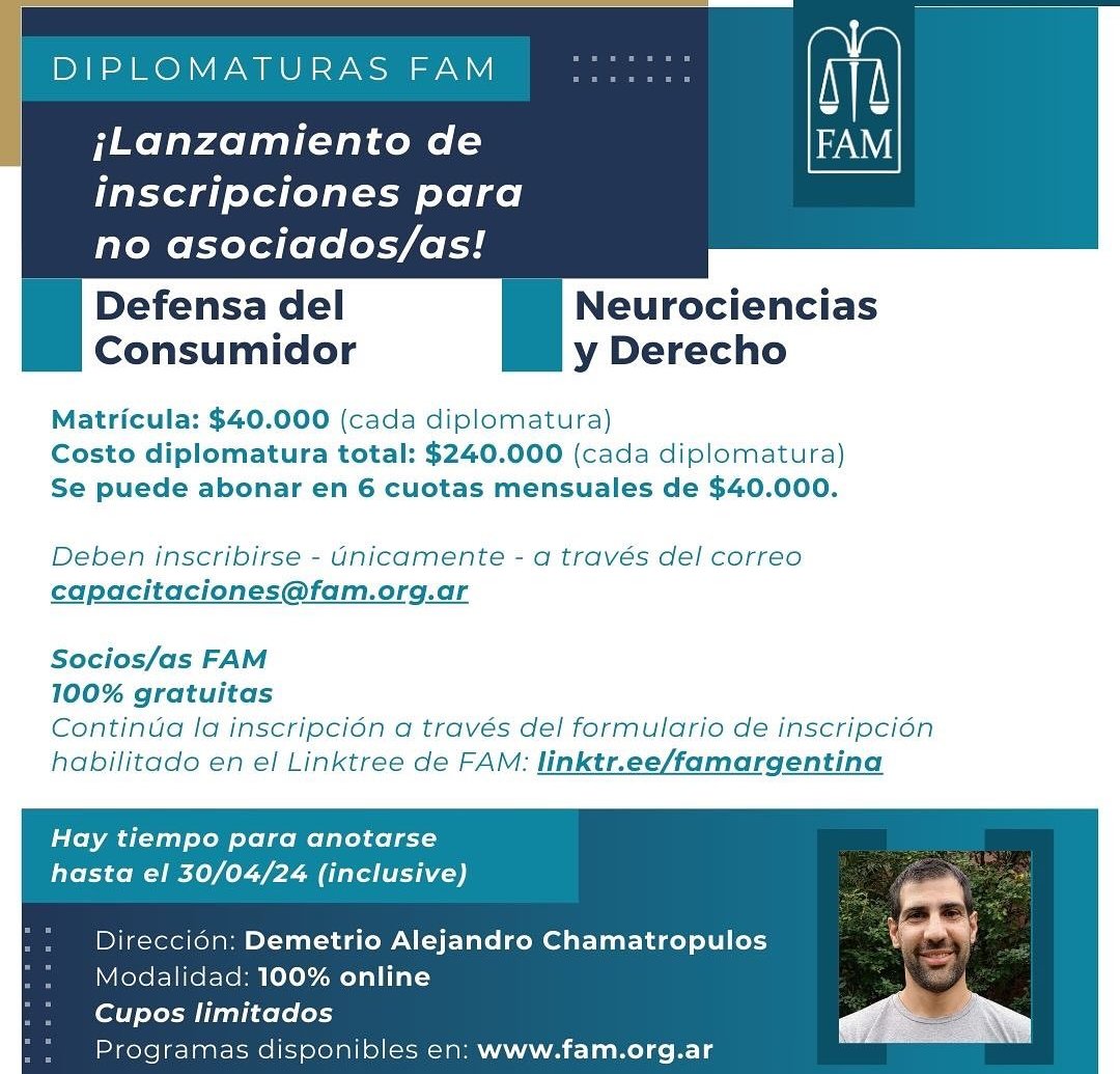 AChamatropulos's tweet photo. 448 inscriptos en la Diplo de Neuro y Derecho y 371 en Defensa del Consumidor. Y seguimos creciendo!😊
Mil gracias @machiruiztuc y equipo de la FAM por la confianza depositada para dirigir las dos primeras Diplos lanzadas por la institución!!! https://t.co/24gQmDywiM