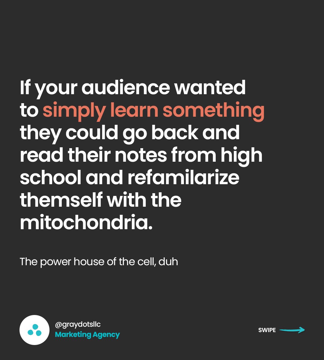 'Let's go back to high school, shall we? ⬇️

You know why you were bored when learning about how the mitochondria is the power house of the cell?

#businesscoach #socialmediastrategy #igstrategy #instagramstrategy #instagramsales #contentcoach #socialmediacoaching #brandmarket