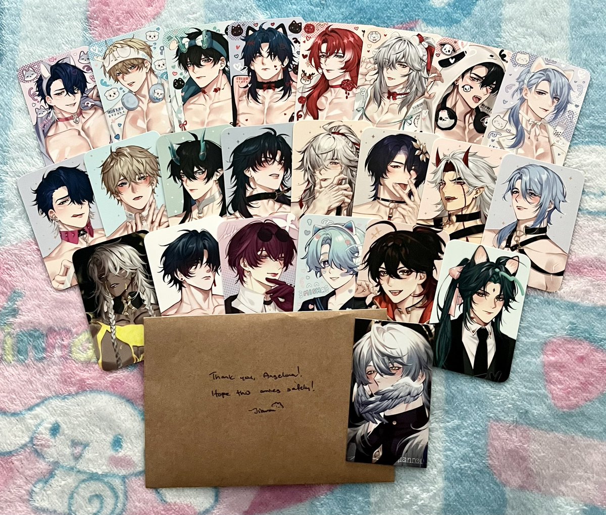 BloomTenshi's tweet photo. OMGG!! My package from @rourouki has safely arrived! Giggling and kicking my feet rn at how much I love their art 🤭 And the extras 😍 Thank you so much!! 💖🫶 https://t.co/PQyN3qpQzk