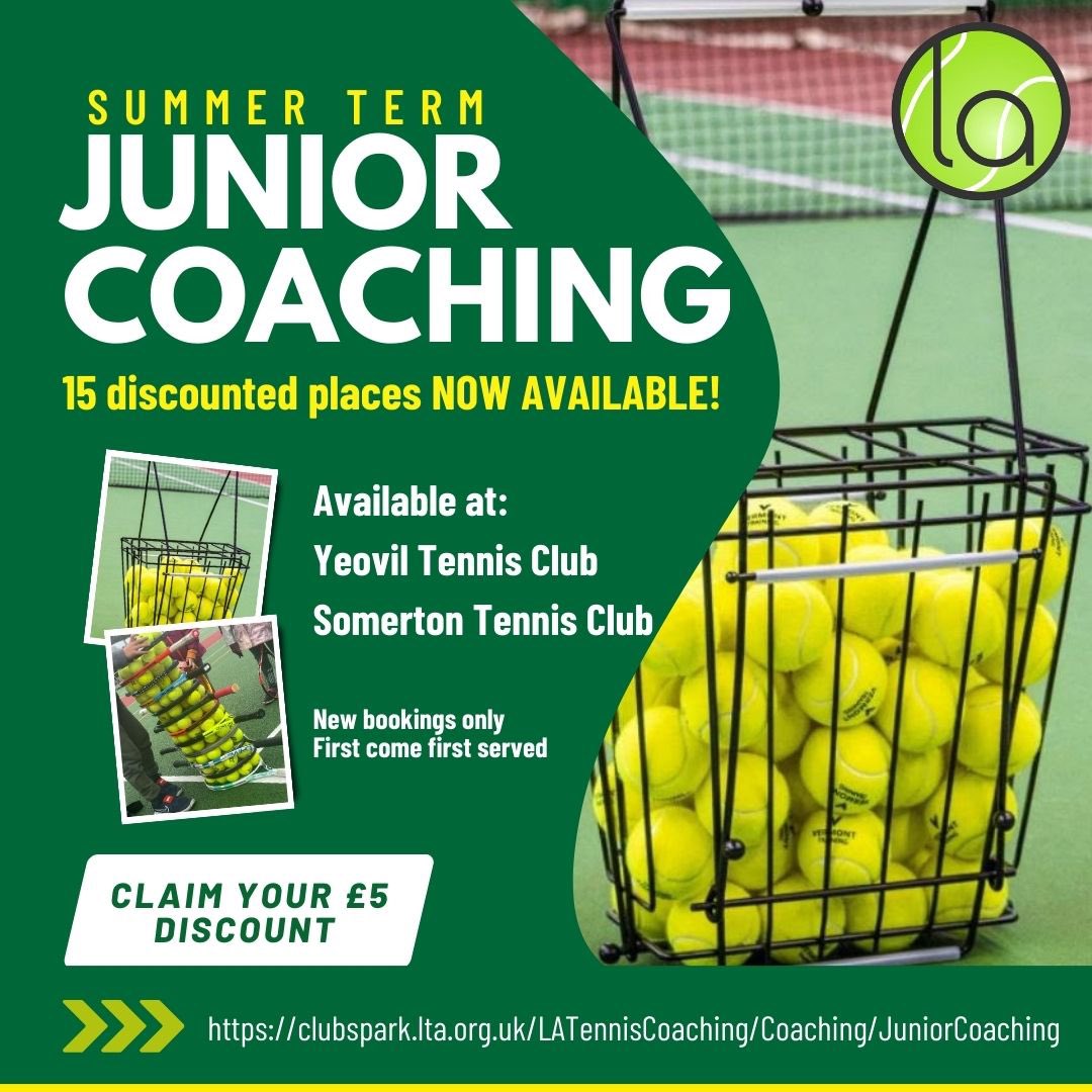 📢 ACE NEWS: 15 discounted places up for grabs from the Summer Term Junior Coaching at Yeovil & Somerton 👀 Call/email Luke Andrews on: 07437 404242 Latennis@hotmail.com clubspark.lta.org.uk/LATennisCoachi…