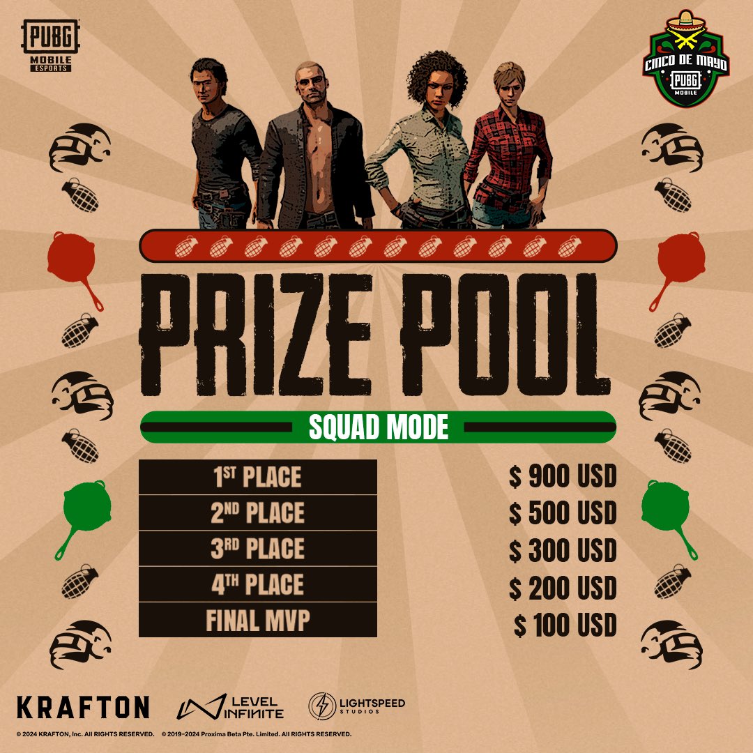 The #PUBGMOBILE Cinco de Mayo is heating up with thrilling battles and a spicy reward!

Join the fiesta to win a share of the $2,000 USD prize pool 🤑 

Register Now: discord.gg/pubgmesportsna
#PUBGMEsports #PUBGM5mayo