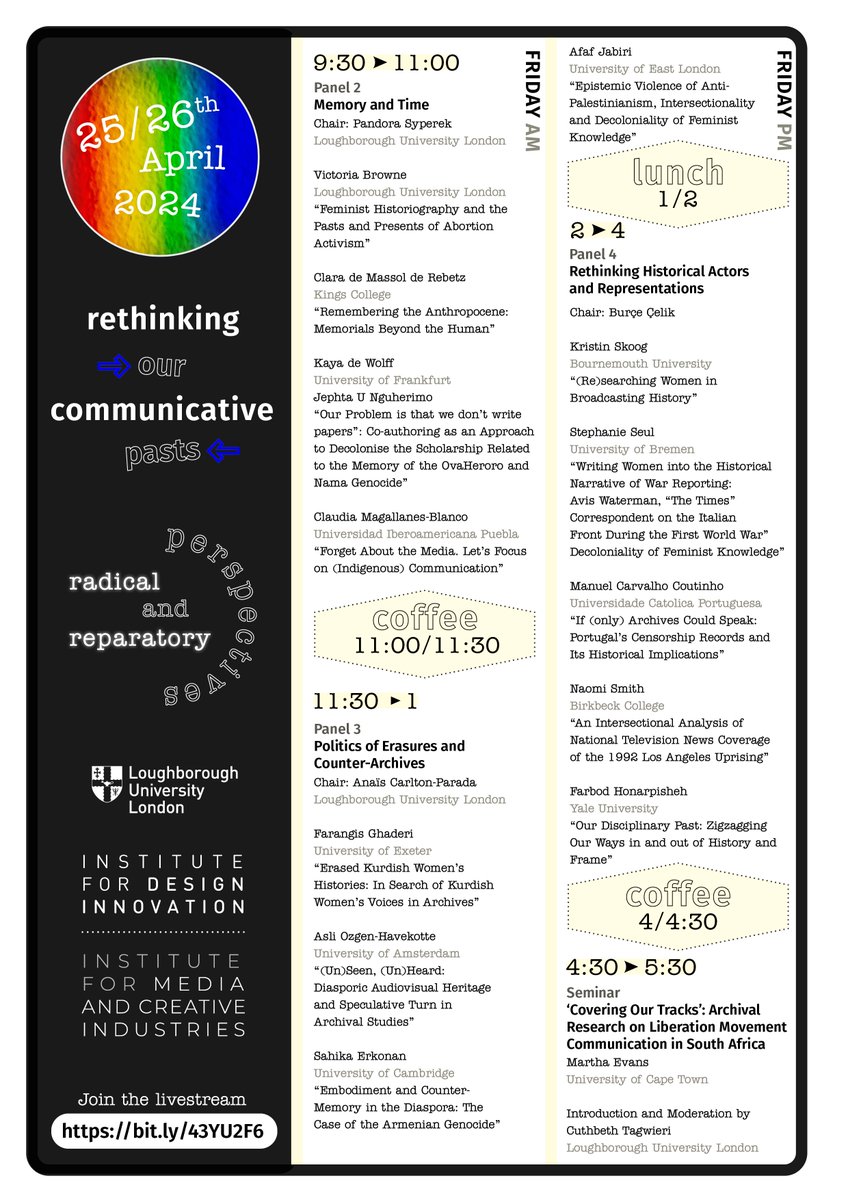 Loughborough CRCC👉 @lboroCRCC@mastodon.social (@lborocrcc) on Twitter photo Don't forget to join CRCC member Burçe Celik at <a href="/lborolondon/">Loughborough University London</a> this week for the Rethinking Our Communicative Pasts international workshop on the 25th & 26th of April.
Find out how to attend for free both in person or online shorturl.at/ACEZ9
Program below 👇 Don't forget to join CRCC member Burçe Celik at <a href="/lborolondon/">Loughborough University London</a> this week for the Rethinking Our Communicative Pasts international workshop on the 25th & 26th of April.
Find out how to attend for free both in person or online shorturl.at/ACEZ9
Program below 👇