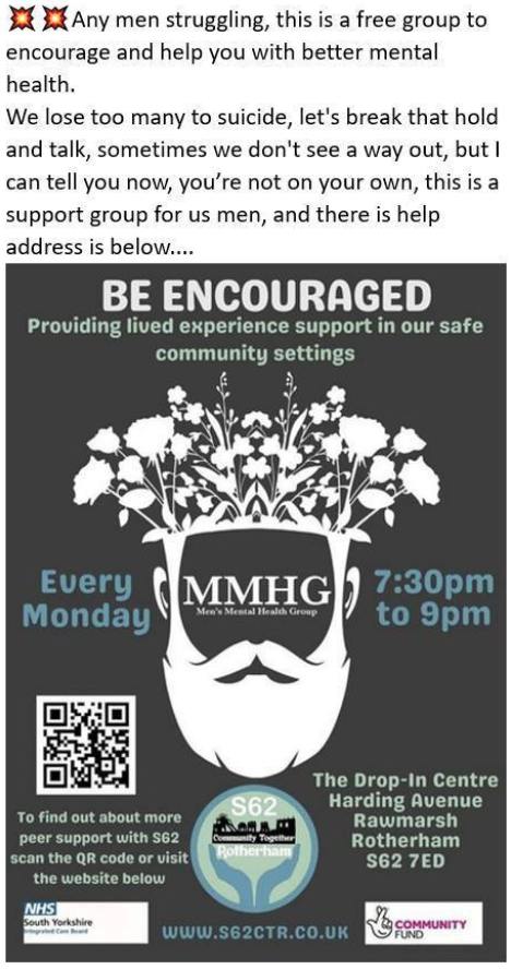 #mondaymood #BeEncouraged & #BeEmpowered @S62ctr Men's Mental Health group

MEETING TONIGHT #takethatfirststep meet these great guys, #peersupport & #livedexperience #atitsbest

7:30pm - 9pm The Drop-In Centre Rawmarsh Harding Ave, S62 7ED

#MensMentalHealthMattersToo