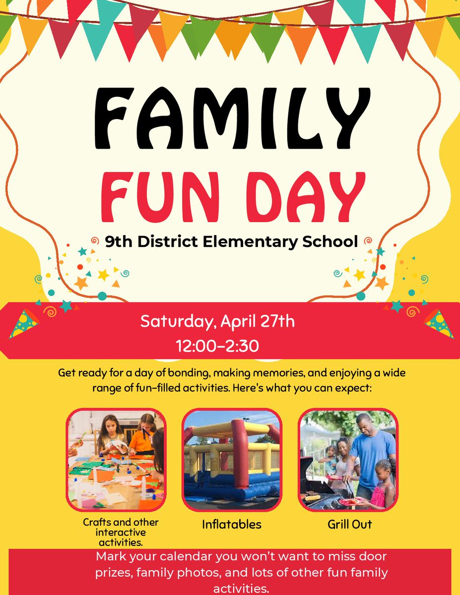 Join us tomorrow night for our STEAM Night from 5:00 – 7:00 p.m.! 

Join us this Saturday for Family Fun Day from 12:00 – 3:00 p.m.! There will be a variety of fun activities, prizes, and family photos!