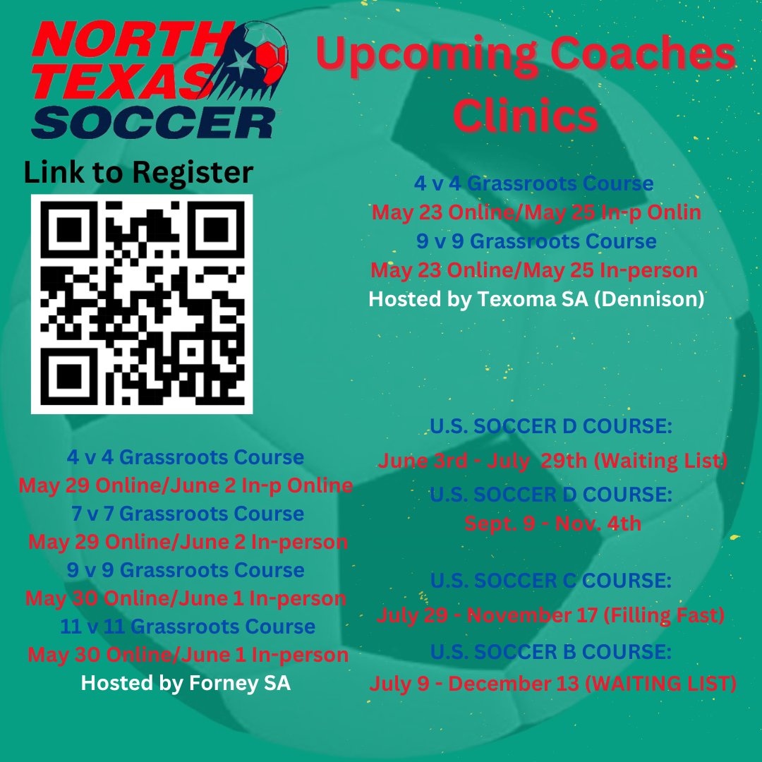 📣 Exciting News for Soccer Coaches in North Texas! 🌟⚽ Ready to take your coaching skills to the next level? Click here to register: ntxsoccer.org/coaching/grass… @USYouthSoccer @ussoccer @tascosoccer @LethalSoccer @ussoccer_coach