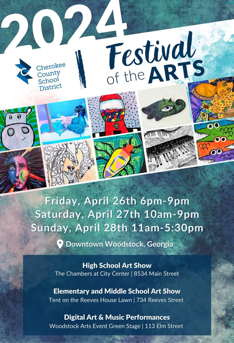 CCSD in partnership with Woodstock Arts, is proud to announce the first annual CCSD Festival of the Arts!  It will take place in Downtown Woodstock Friday, April 26th, through Sunday, April 28th, & will include the K-12 Spring Art Show & a K-12 Performance Showcase.