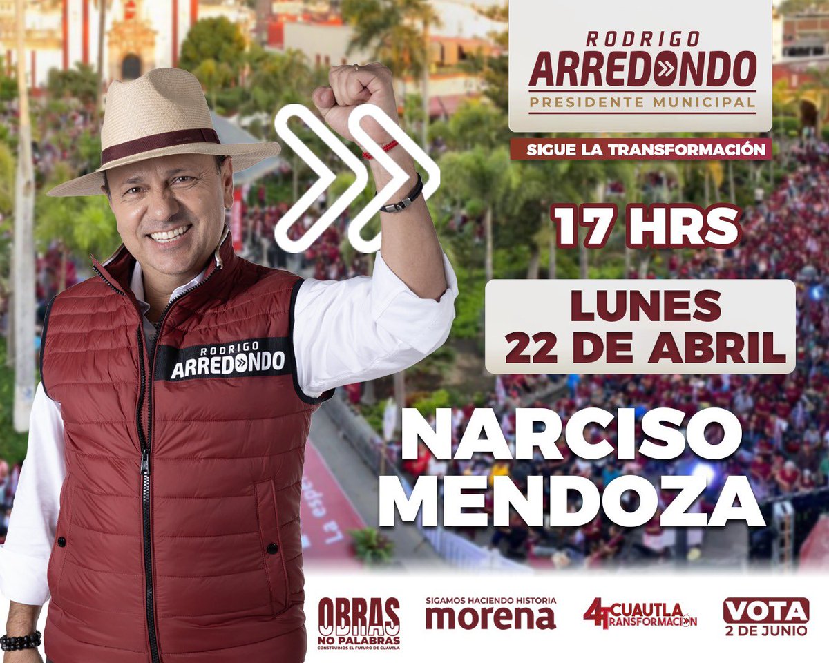 ¡Sigue la ruta de la Cuautla Transformación! 😎 Hoy lunes 22 de abril estaremos visitando la 📍Colonia Narciso Mendoza, donde escucharemos propuestas y necesidades. 🫡 #RodrigoArredondo #CuautlaTransformación #Elecciones20