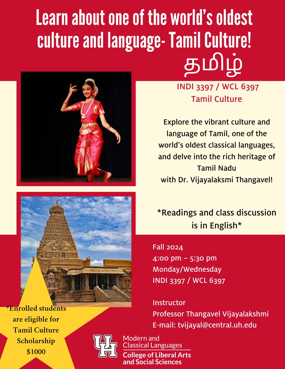 UHMCL's tweet image. As the end of Spring 2024 approaches, we are now promoting Fall 2024 classes for students to enroll!  

If interested in Tamil Culture, here is the flyer. For more information the email of the instructor is listed below!

@emrane  @UHGlobal1 @caseyduehackney