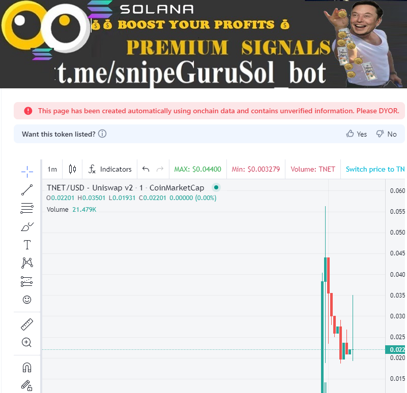 snipeguruvol's tweet image. 100k+ buy volume detected 🚨
📌 Name: #TNET
📝 CA: 0x3916Ea28CCCc5cE0A58535Dd2635a5C12Ddd4457
  └─🛑 Contract holds 0.1461% of Token supply!

🔐
  ⚠️

  ⏰ Pair age: 35m
📜 Contract Verify ✅
👨‍💻 Owner: 0x140Af0318FEcF030c14a56A612cfc0a6154D44f3
🔥Percent LP #BURN: 100%

💰 MC: