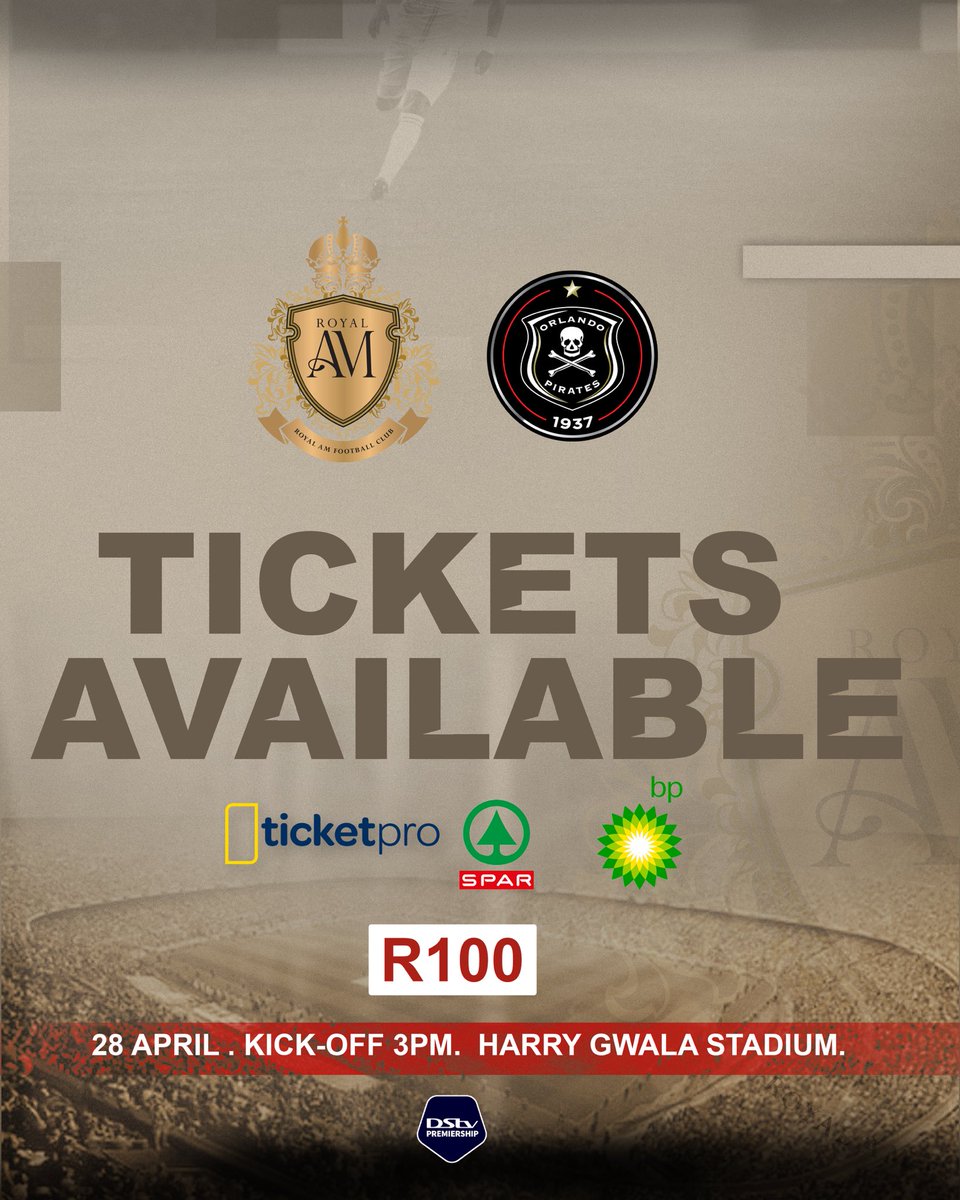 ⚫️🟡𝐍𝐄𝐗𝐓 𝐔𝐏⚫️🟡 🆚 @orlandopirates 🗓️ 28 April ⏰ 3PM 🏟️ Harry Gwala Stadium 🏆 @dstvpremiershipp 📺 Dstv Ch 202 🎫 @TicketProSA 📱 ticketpros.co.za/portal/web/ind… #royalam #thwihlithwahla #nextmatch