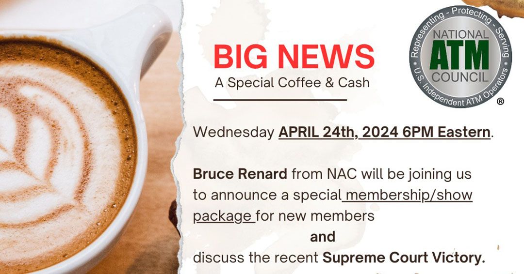 #BruceRenard, #NationalATMCouncil Executive Director, will be speaking to the #Facebook #ATM #BusinessStartups group Wed., April 24, 6 pm EST. The #NAC lawsuit and the recent developments in the case will be the topic. Click here to join the Zoom call buff.ly/4b3y85T #IAD