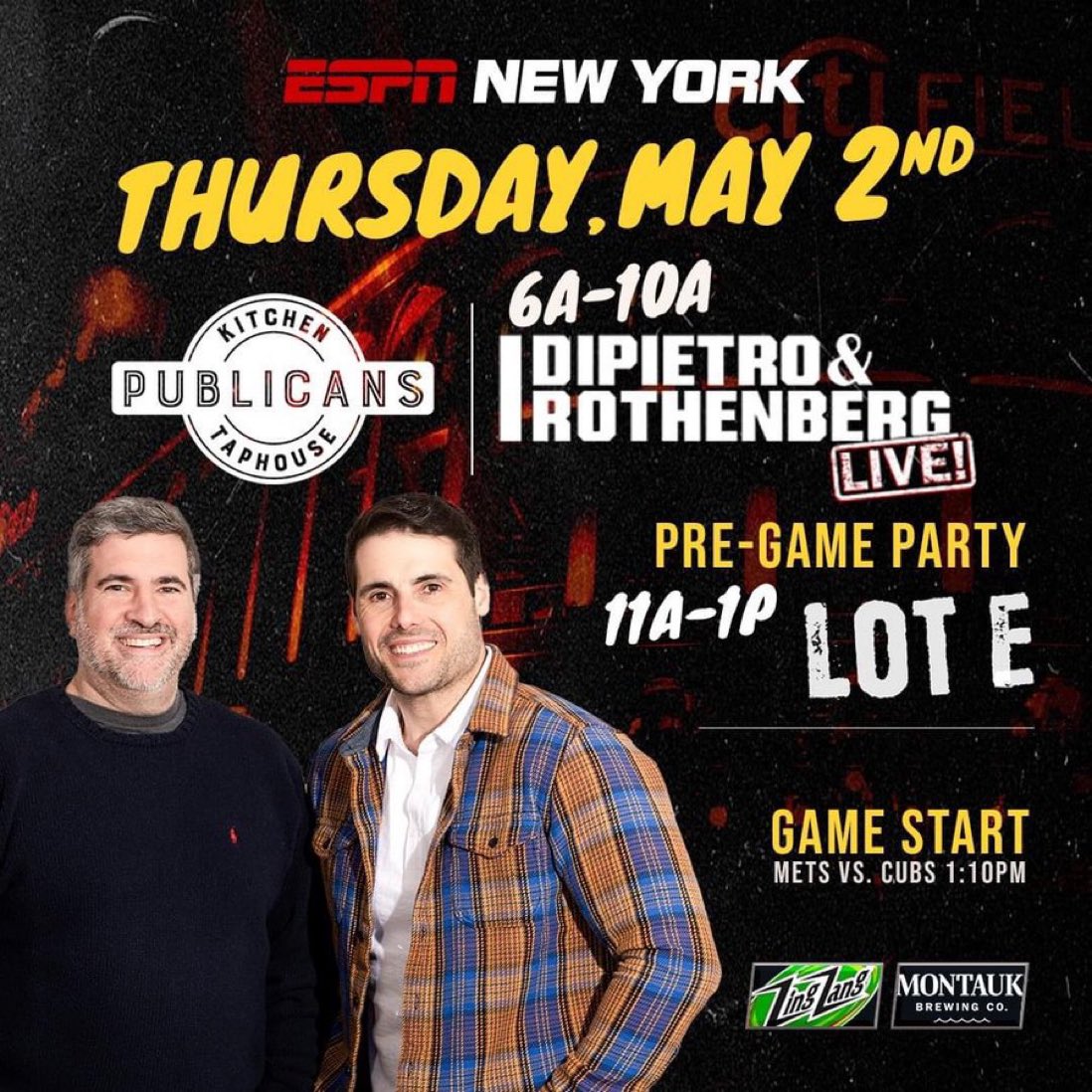 The 2nd Annual @DRonESPN Pregame Party is coming up on Thursday, May 2nd! Come out to see the LIVE broadcast at Publicans, just steps away from the LIRR, then take the train with the crew to Citi Field for the game vs. the Cubs! BROUGHT TO YOU BY: @montaukbrewco & @ZingZangMix
