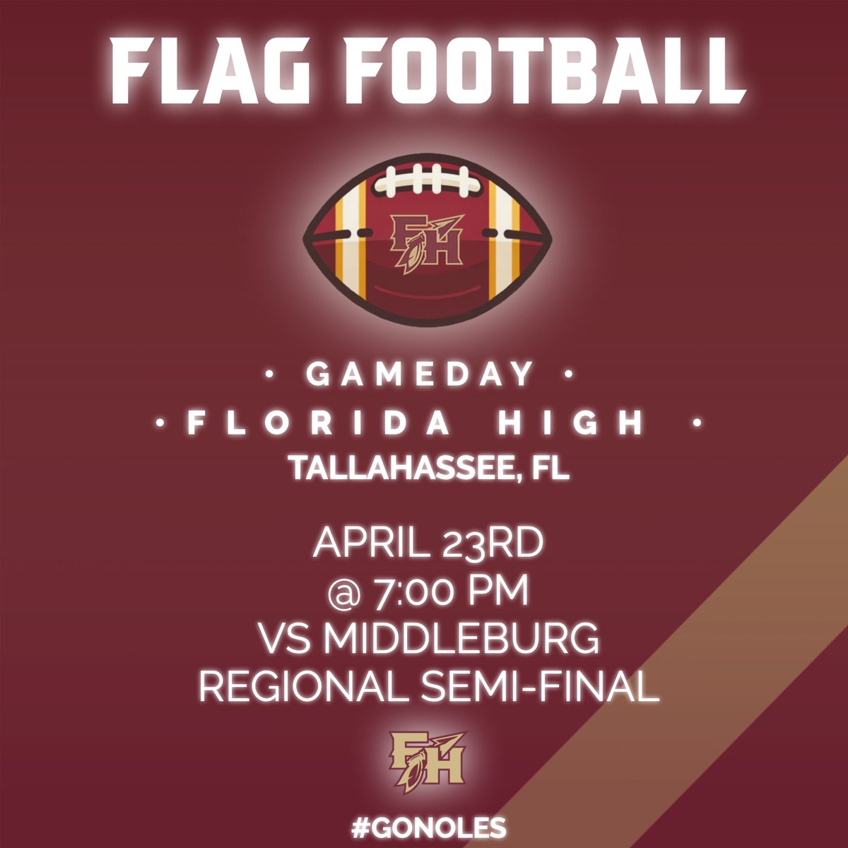 • Gameday Alert • Attention, Noles! Tomorrow, our Flag Football team takes on Middleburg in the Regional Semi-Final. Come out and support this stellar squad! Time: 7:00 Date: April 23rd (Tomorrow) Tickets: $9 Link: gofan.co/event/1502199?…