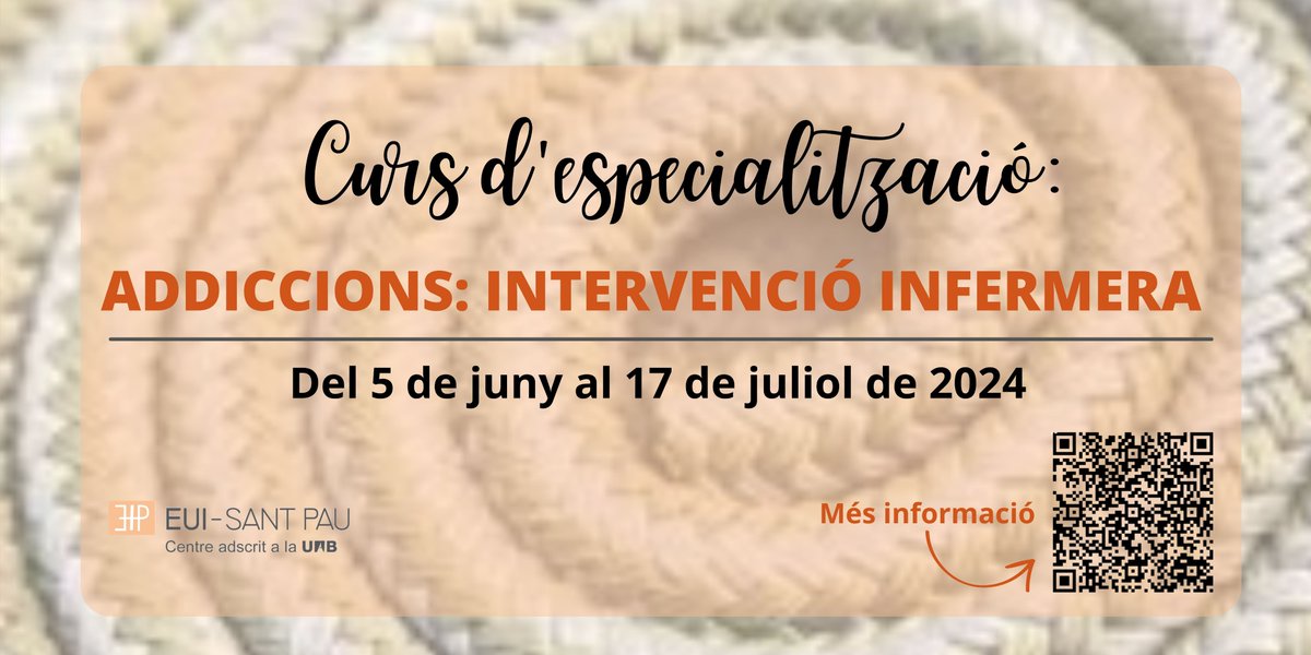 Curs Especialització Addiccions: Intervenció Infermera <a href="/EuiSantPau/">EUI-Sant Pau</a> 
Adquirir competències per a la promoció i prevenció de la salut en l'atenció de les addicions i en la rehabilitació de les persones en el procés de salut i malaltia. 
Informa't a : eui.santpau.cat/ca/web/public/…