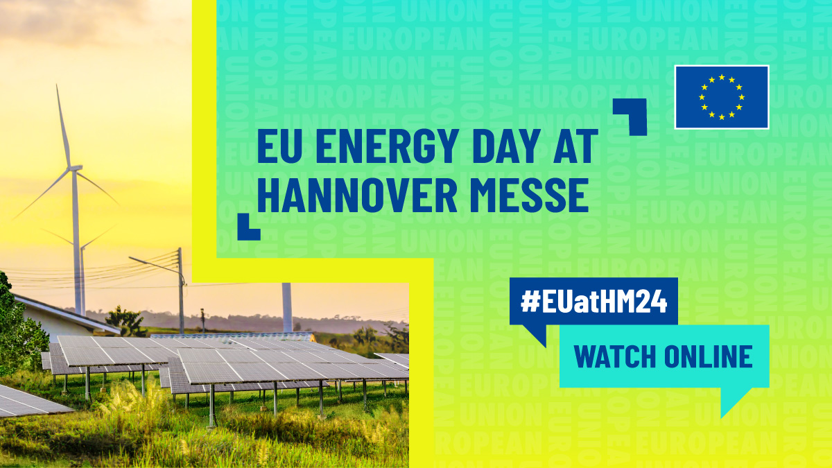 One of the world's largest industrial fairs started today in Hannover and tomorrow, 23 April, is our EU 🇪🇺 Energy ⚡️ Day at #EUatHM24! You can follow its 8 sessions via live stream 📹 europa.eu/!JBNC9j #competitiveness #windpower #solarenergy #hydrogen #bioenergy #HM24