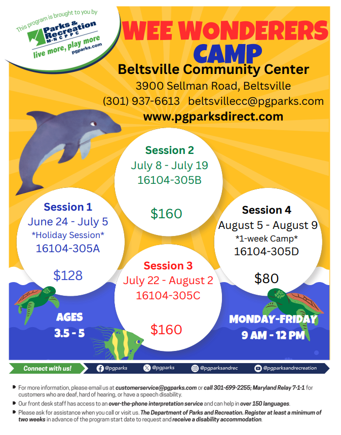 Kiddos ages 3.5-5 can attend the “Wee Wonderers Camp” at the #Beltsville Community Center. There are multiple sessions that typically take place between Mon-Fri from 9AM-12PM. Visit: pgparksdirect.com & input course code for the desired session.
