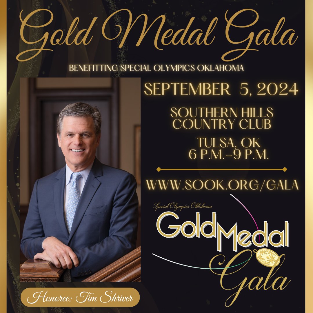 Join us at our 2024 Gold Medal Gala on Sep 5 to honor @TimShriver! Tim will accept the Barry Switzer Honor of Excellence award for his outstanding leadership. Save the date to celebrate Tim's dedication and support Special Olympics Oklahoma! 🌟 sook.org/gala