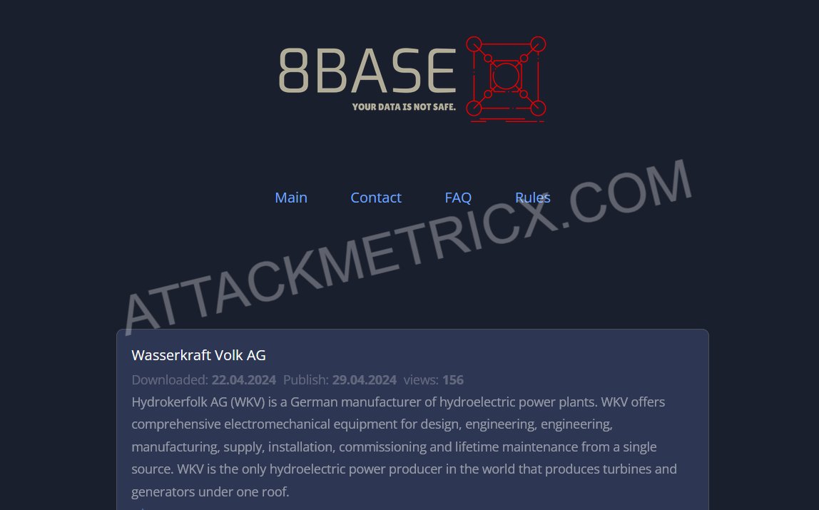 🚨 #Ransomware Alert: The group '8base' has targeted Wasserkraft Volk AG.

The incident was discovered on April 22 2024.

Data publication deadline set by '8base' Deadline April 29 2024.

#8base #attackmetricx #cymetricx #darkweb #threatintel #darkmetricx