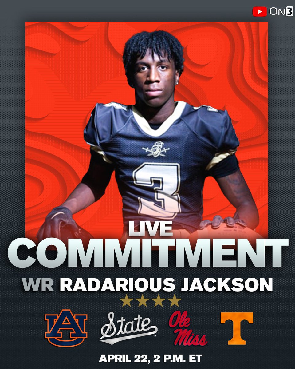 LIVE COMMITMENT: 4-star WR Radarious Jackson is about to announce his decision on the @On3Recruits YouTube channel‼️ Will it be Auburn, Mississippi State, Ole Miss or Tennessee?🤔 WATCH HERE: youtube.com/watch?v=E3ZGCE…