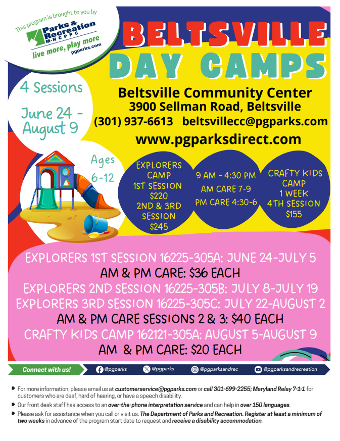 The #Beltsville Community Center is hosting multiple session of day camps during the #summer. Perfect for those ages 6-12.  Visit: pgparksdirect.com & input course code for the desired session.