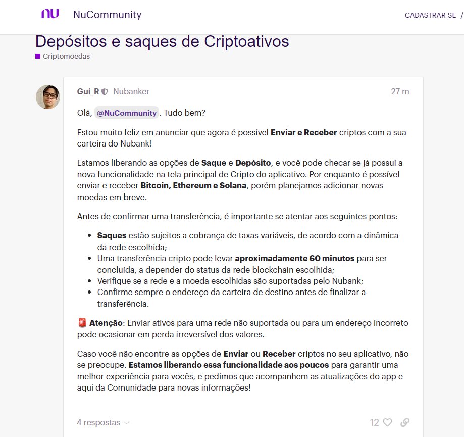 🚨Nubank libera saques e depósitos de Bitcoin.