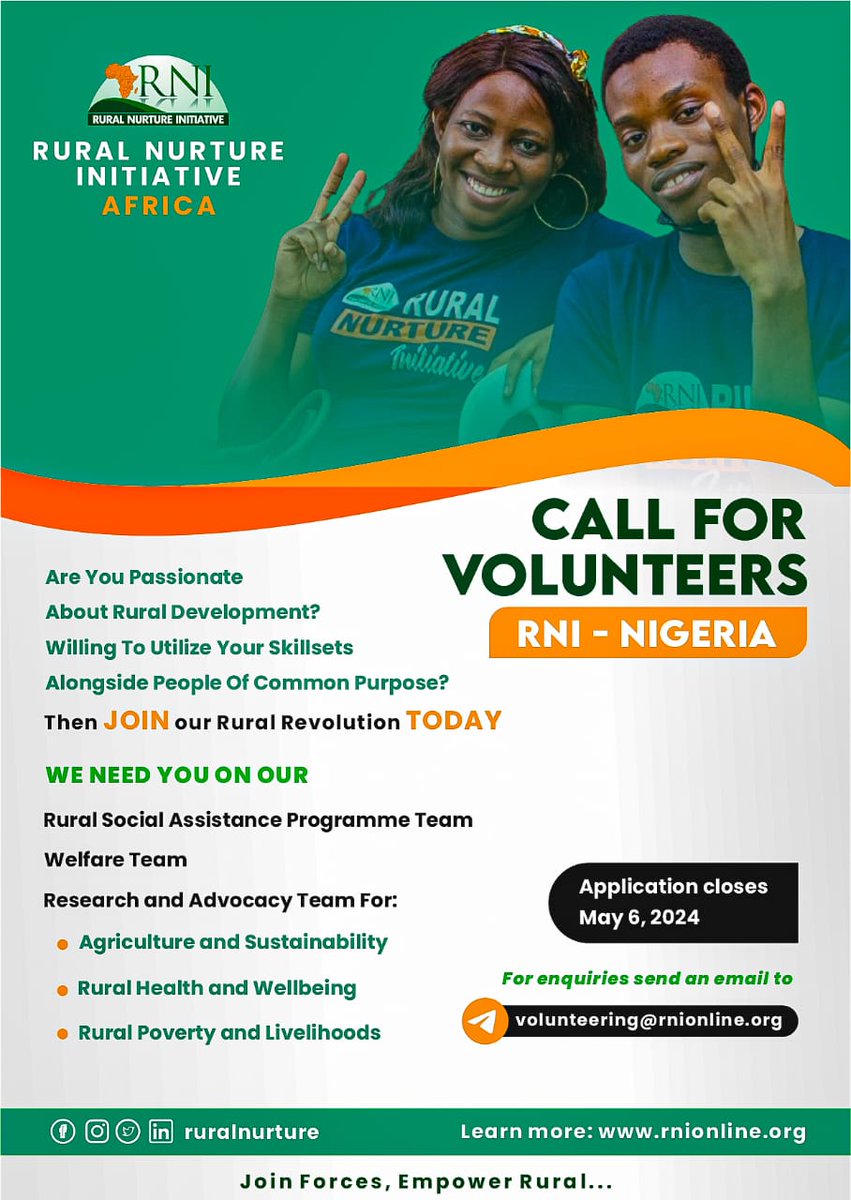 JOIN OUR RURAL REVOLUTION!

Do you love helping rural communities thrive?
Want to make a real difference that lasts?
Ready to team up with like-minded individuals?

Then Join us at RNI!

Apply NOW via bit.ly/RNI2024Volunte…

#RuralNurtureInitiative #GetInvolved #MakeADifference