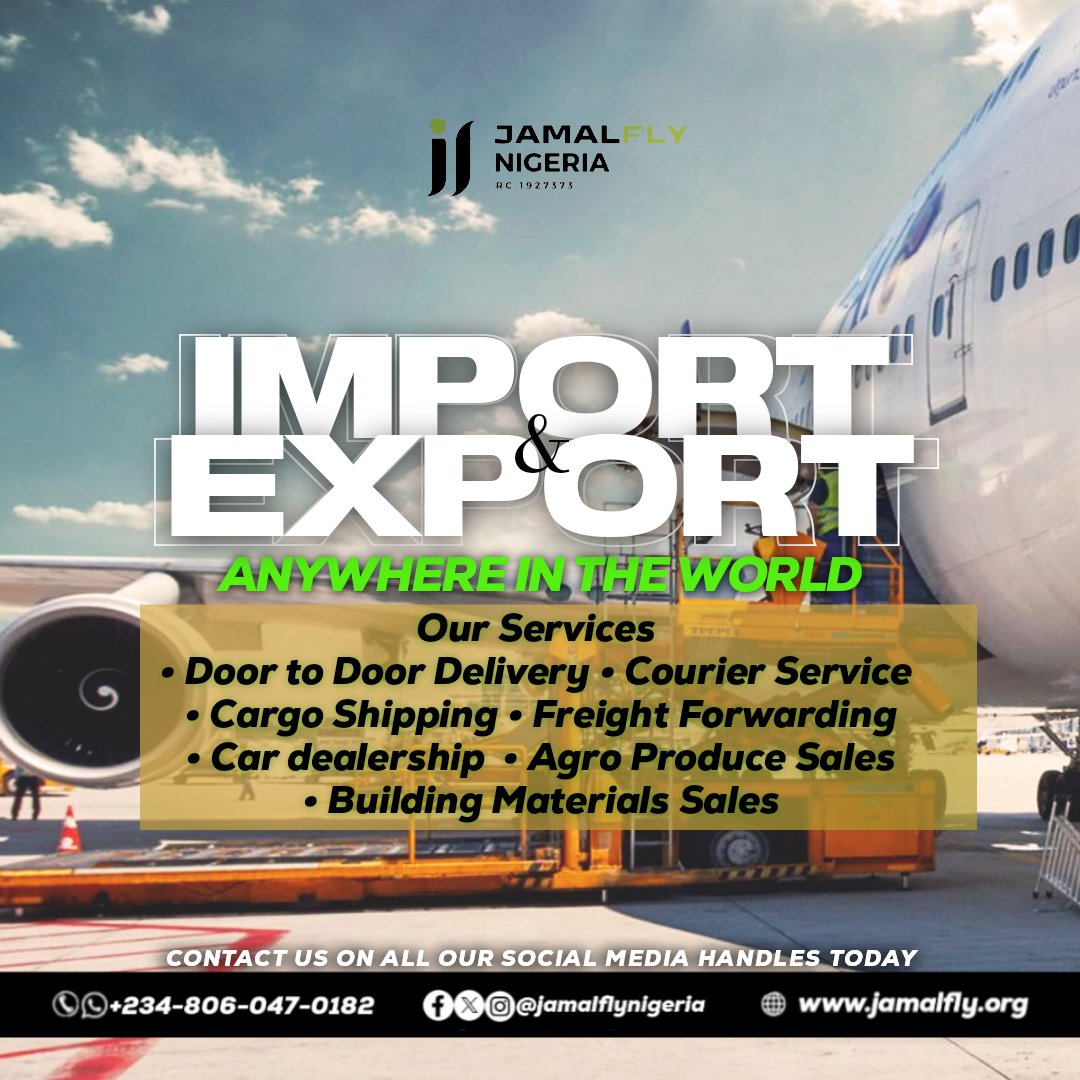 We make global trading and delivery easy. Import and export goods anywhere with ease with us!
#importandexport #cargoshipping #freightforwarding #courierservice  #carsales #doortodoordelivery #logisticsservice #jamalflynigeria