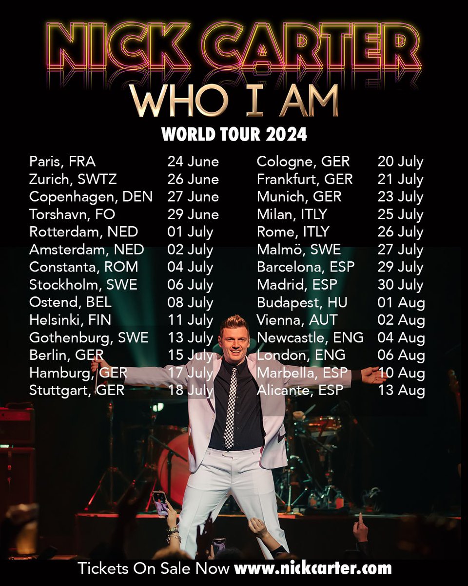 Y’all recovered from Cancun yet?!? Well get some rest, more #WhoIAm tour dates are here! Madrid, Alicante, Stuttgart, Paris, Zurich, and Bucharest 🗺️ Fan club pre-sale and on sale dates to come. Stay tuned to nickcarter.com and my fan club for all the info