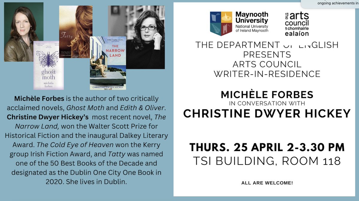 The final event in our Spring Writers-in-Residence series takes place this Thurs. 2pm, when @mforbesauthor is in conversation with Christine Dwyer Hickey: free and open to the public! @artscouncil_ie @MaynoothUni @MUFacultyofArts @ahi @writing_mu 🌟