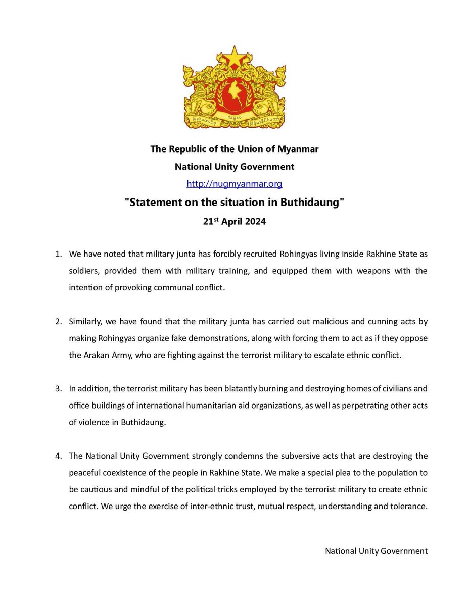 The Republic of the Union of Myanmar National Unity Government nugmyanmar.org 'Statement on the situation in Buthidaung' 21st April 2024