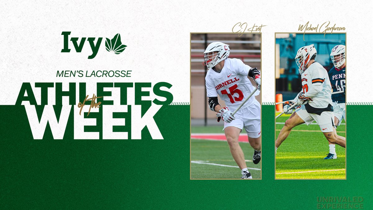 With one week to go in the men's lacrosse regular season, @CornellLacrosse's CJ Kirst and @TigerLacrosse's Michael Gianforcaro picked up Ivy League weekly awards after leading their teams to significant wins this past weekend. 🌿🥍 📰 » ivylg.co/MLAX042224