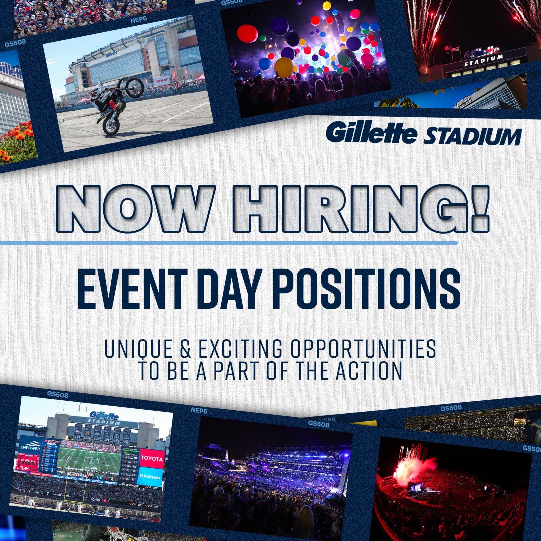 We're hiring! Join our team for the 2024 Gillette Stadium event season. More info: bit.ly/3cT9RqX