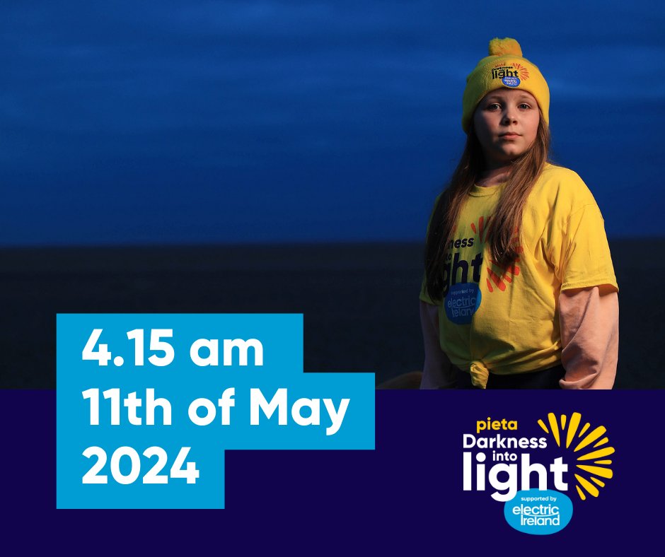 We're getting closer to the most important sunrise of the year 🌅 4.15am the 11th of May. Don't forget to mark your calendars. Sign up now - darknessintolight.ie/DCA56D. The last day for guaranteed t-shirt delivery is Friday 3rd of May 💛 Proudly supported by @ElectricIreland