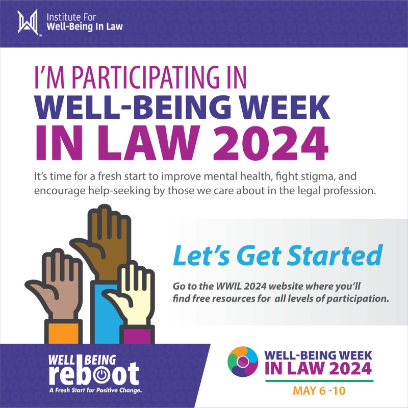 We're participating! Learn more about how you can participate in the Institute for Well-Being in Law's 2024 #WellBeingWeekInLaw at lawyerwellbeing.net/well-being-wee…. #LawyerWellBeing