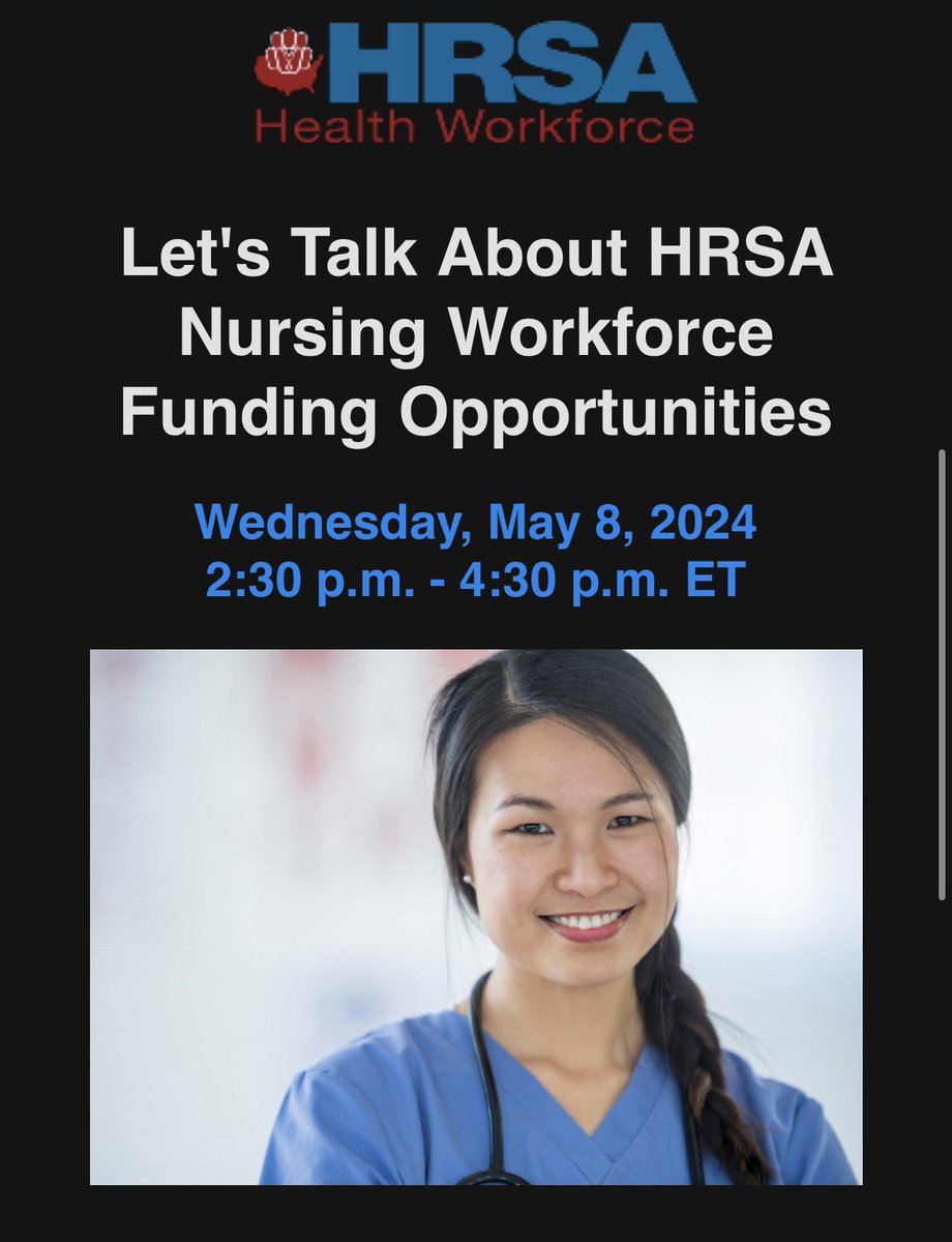 cau_curc's tweet photo. Join the Health Resources and Services Administration’s Bureau of Health Workforce (BHW) to discuss funding opportunities available for:
•nursing students and graduates
•nurses looking to advance their careers
•nursing education and training programs https://t.co/hFoyOg8Qck
