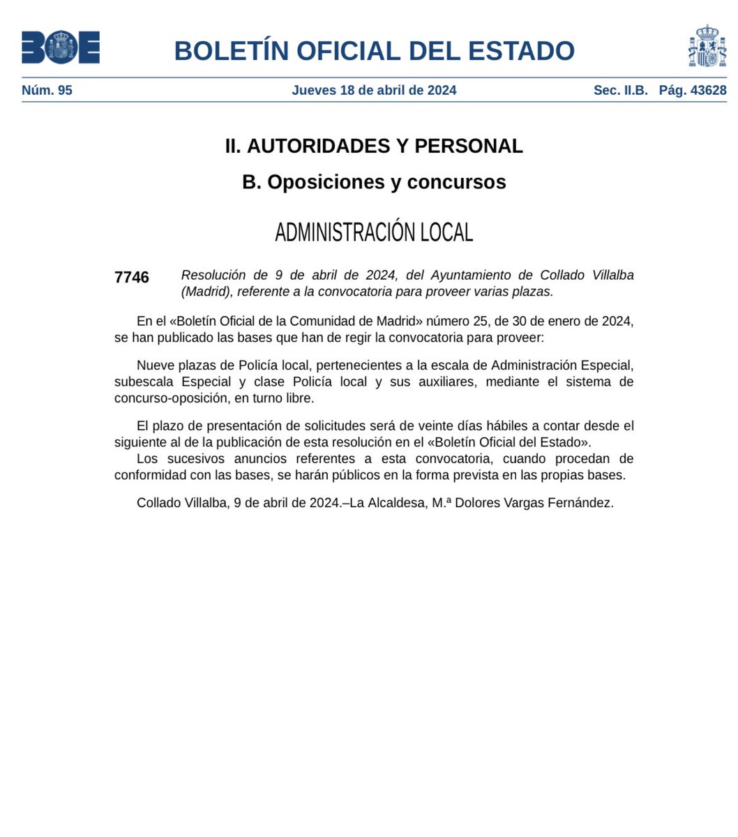 PoliciaVillalba's tweet photo. 👮♂️👮🏻ABIERTO plazo de inscripción referente a la convocatoria de 9 plazas de Policía Local - turno libre
📩 Plazo de presentación de solicitudes 20 días hábiles a contar desde el día siguiente a la publicación en el BOE
✅ Hasta el 20 de mayo de 2024
👌🏼👏🏼
#Oposicion #PLocal https://t.co/H8WtOpkxar