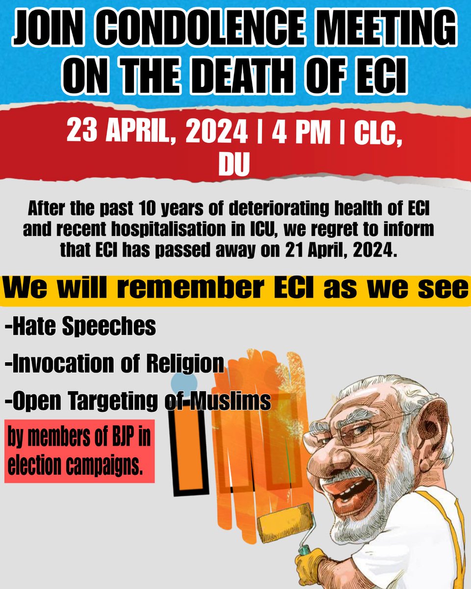 manikgupta_'s tweet photo. Join Condolence Meeting on the death of @ECISVEEP

Invocation of religion, hate speeches, lies and vitriol against Muslims in BJP's election campaign

But No Action Taken

Is this not death of democracy?

Place - CLC
Time - 4PM https://t.co/2YMfSDGBMn