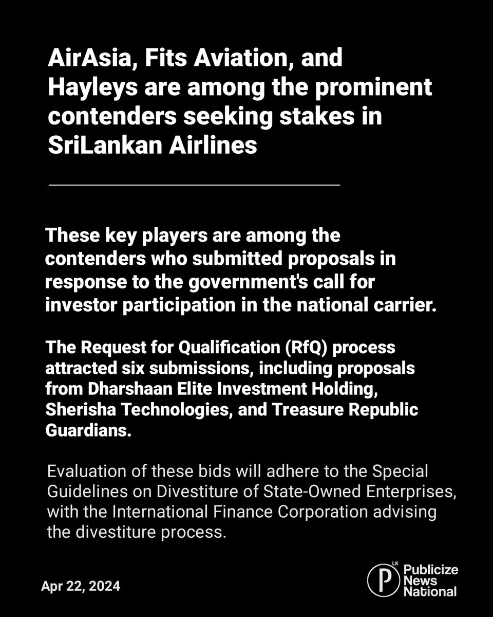 (2): AirAsia, FitsAir, and Hayleys lead the race for stakes in SriLankan Airlines.

#SriLankanAirlines #AirAsia #FitsAir #Hayleys #srilanka #newslk #slnews #lka #sinhalanews #colombo #jaffna