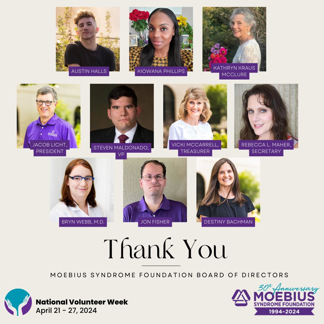 This week is #NationalVolunteerWeek2024 We are grateful to our #BoardofDirectors, an all #volunteer group who guides the #moebiussyndrome Foundation. Our Board puts in countless hours towards behind the scenes decisions. Learn more: moebiussyndrome.org/board-of-direc…