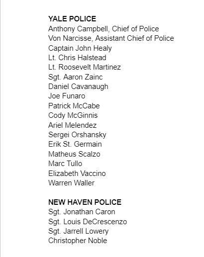 thomasbirm's tweet photo. YALE PROTESTS: Here are the names of the 17 Yale Police and the 4 New Haven police I've confirmed were on the scene and assisted in the effort to arrest peaceful student protestors today.
There were more officers than this, so if you have a name to add, let me know! https://t.co/a99Ugof8fK