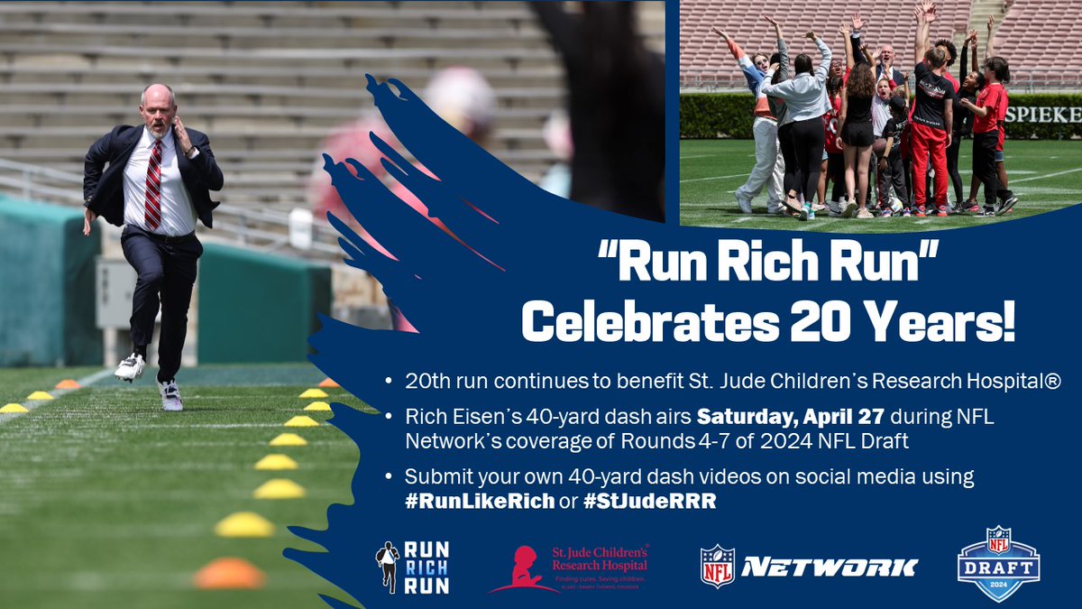 NFLMedia's tweet photo. 'Run Rich Run' celebrates 20 years!

Catch @richeisen running the 40-yard dash for the 20th time during @nflnetwork's coverage of the 2024 @NFLDraft on Saturday!

@StJude 

Details: https://t.co/S5o9epHJB1 https://t.co/KTGmDbHsbL