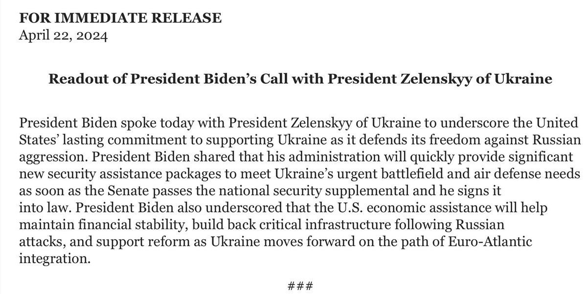 Biden zapowiada, że USA przekażą wkrótce Ukrainie znaczące pakiety uzbrojenia. Rozmawiał o tym telefonicznie z Zełenskim. @PR24_pl