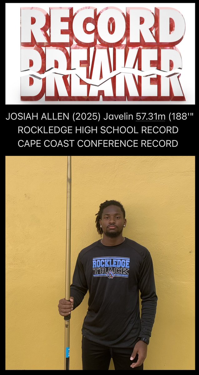 Rockledge High Track (@rockledge_track) on Twitter photo Once again 2025 athlete <a href="/4_josiah/">Josiah Allen</a> breaks the javelin SCHOOL and CONFERENCE RECORD with a toss of 57.31m (188')! Josiah ended his sophomore season with a PR of 54.85m and is now up to 57.31m! Stay tuned! <a href="/TRONE2/">Coach T-Rone</a> <a href="/RockXCoach/">@Rockledge High XCTF Coach</a> <a href="/rockledge_xc/">Rockledge XC</a> Once again 2025 athlete <a href="/4_josiah/">Josiah Allen</a> breaks the javelin SCHOOL and CONFERENCE RECORD with a toss of 57.31m (188')! Josiah ended his sophomore season with a PR of 54.85m and is now up to 57.31m! Stay tuned! <a href="/TRONE2/">Coach T-Rone</a> <a href="/RockXCoach/">@Rockledge High XCTF Coach</a> <a href="/rockledge_xc/">Rockledge XC</a>