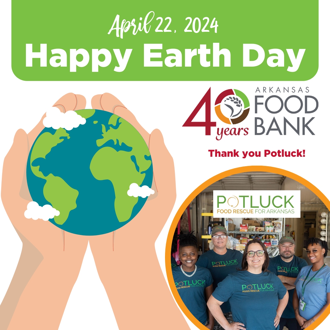 Happy Earth Day! We're celebrating by recognizing our partners at Potluck Food Rescue. Potluck keeps food from the landfill to stop harmful greenhouse gases from contributing to climate change. 💚 #EarthDay #AFB #ArkansasFoodbank #FeedingAmerica #PotluckFoodRescue