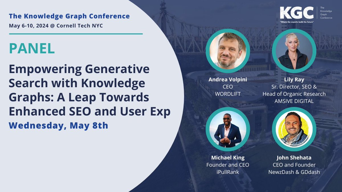 Keep SEO in NYC rolling. 🔥 

The Knowledge Graph Conference is in NYC next month!

• KGC24-FRIENDSOFWORDLIFT for 20% off in-person passes
• KGC-VIRTUAL40 for 40% off virtual passes

80+ sessions, 20+ workshops, over 100 speakers

@iPullRank will see you there! #kgc2024