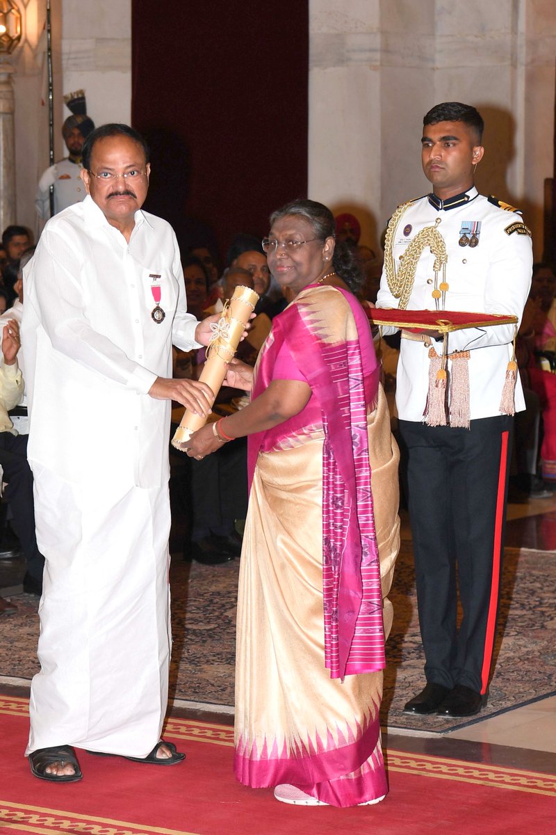 My warmest congratulations to Shri @MVenkaiahNaidu Ji on receiving the prestigious Padma Vibhushan award in public affairs. His lifelong dedication to public service and unparalleled commitment to the nation are truly inspiring. A well-deserved recognition of his invaluable