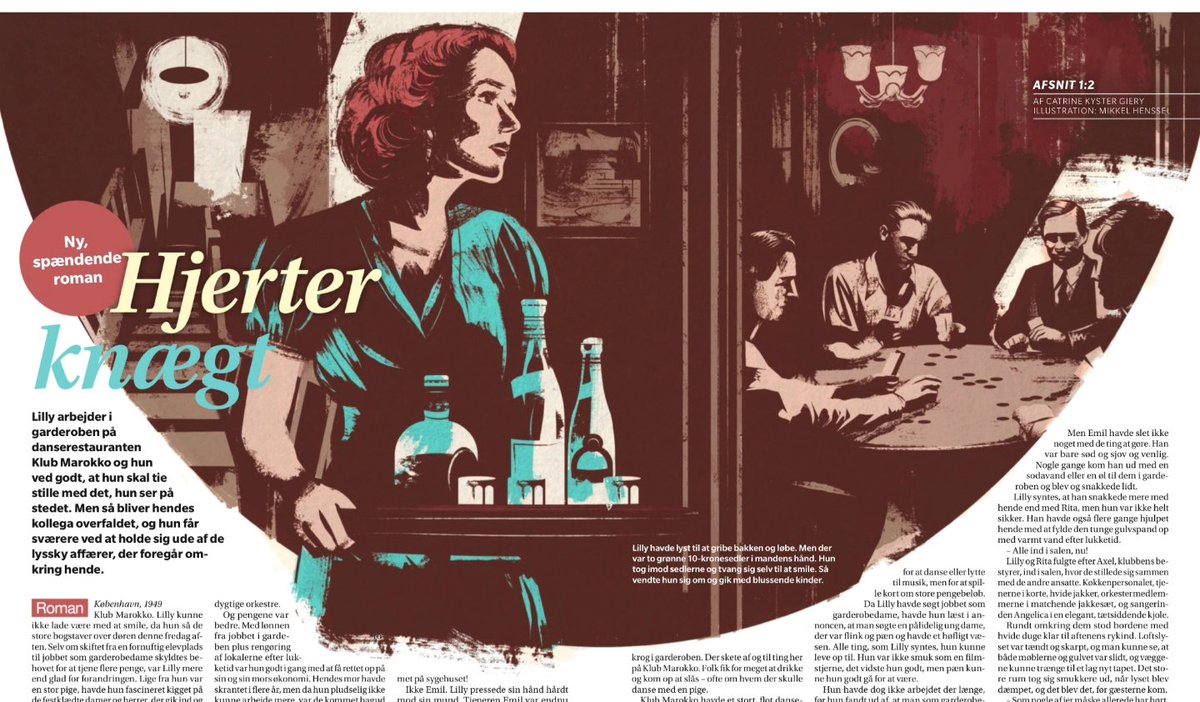 CatrineKyster's tweet photo. The drawing by Mikkel Henssel for my serialized Danish magazine mystery novella fits the story about a coat check lady investigating the brutal attack on a waiter at the 1949 Copenhagen night club "Klub Marokko" perfectly #familiejournal #mystery #elmorocco #historicalfiction https://t.co/4BqssH0fwf